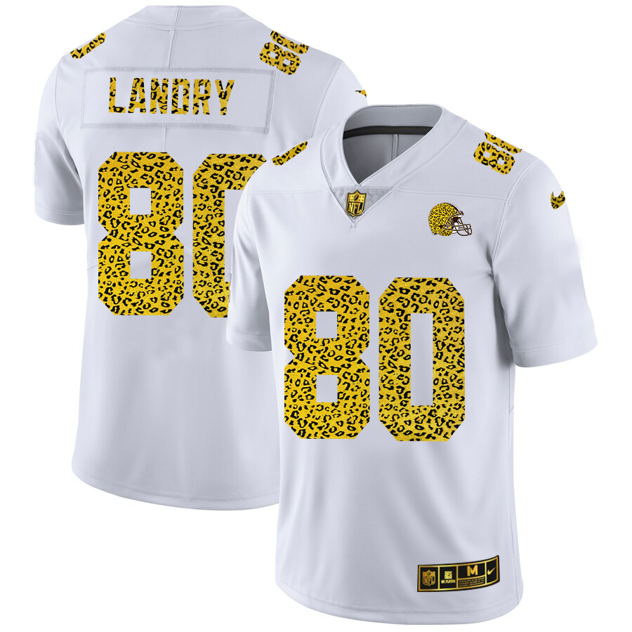 Custom Cleveland Browns 80 Jarvis Landry Men Nike Flocked Leopard Print Vapor Limited NFL Jersey White
